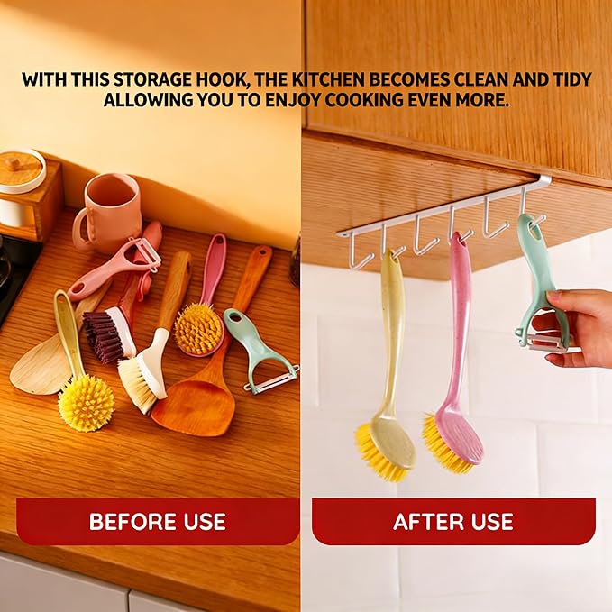 Adhesive Mug Holder Under Cabinet No Drilling Clip-On Utensil Holder for Kitchen Counter & Cooking Utensil Holder with 6 Kitchen Hooks Space Saving for Coffee Cup Spatula Measuring Cup