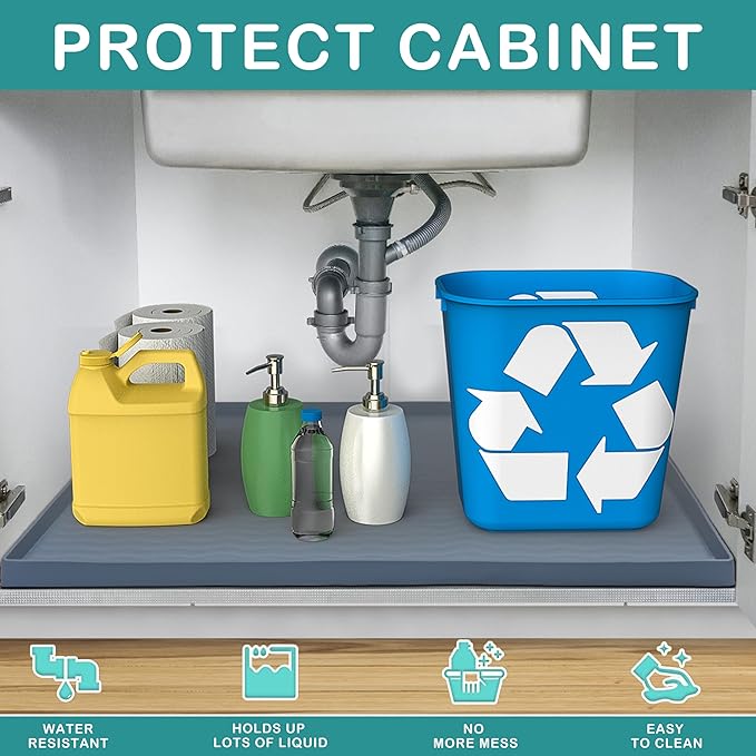 URMONA Waterproof Silicone Under Sink Mat 31'' x 22'' Shelf Liner for Kitchen and Bathroom, Cabinet and Counter Protector, Storage and Organizers, Litter Mat, Pet Cat Puppy Essentials(Green)