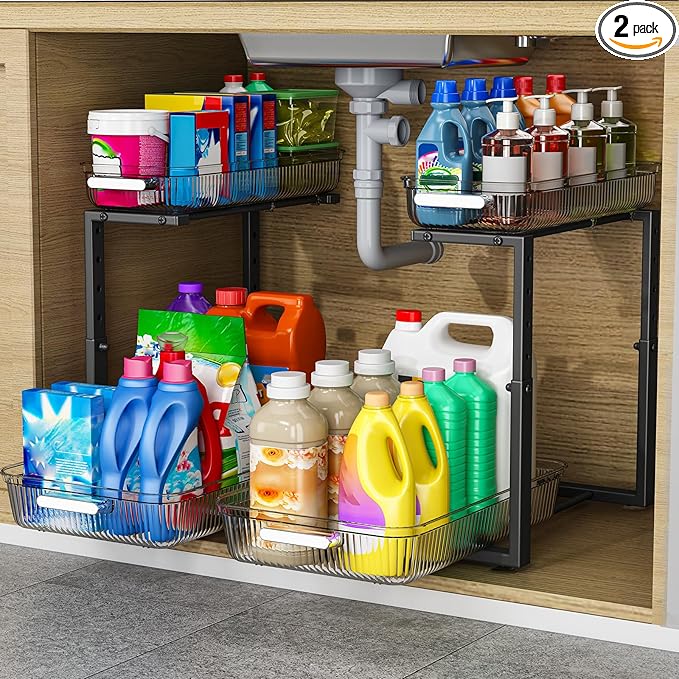 2 Pack Double Sliding Under Sink Organizers and Storage,Two Tier Bathroom Storage and organization,Under Cabinet Organizer, Clear