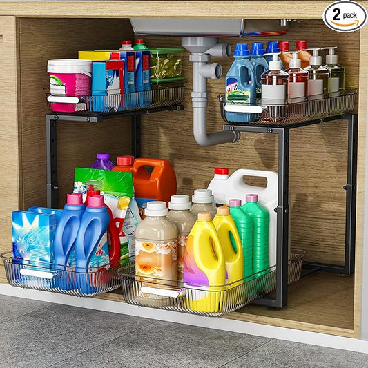 2 Pack Double Sliding Under Sink Organizers and Storage,Two Tier Bathroom Storage and organization,Under Cabinet Organizer, Clear