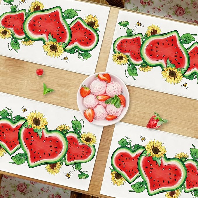 Seliem Summer Watermelon Sunflower Placemats Set of 4, Love Heart Melon Fruit Flower Dining Table Place Mats, Floral Bee Seasonal Kitchen Decor Home Decoration 12 x 18 Inches