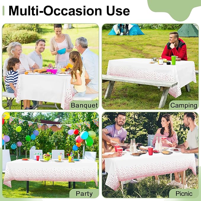 misaya 10 Packs Dot Disposable Table Cloth, 54 x 108 Inch Waterproof Plastic Tablecloth, Rectangle Pink Dots in White Table Covers for Mother's Day, Picnic, Birthday, Party