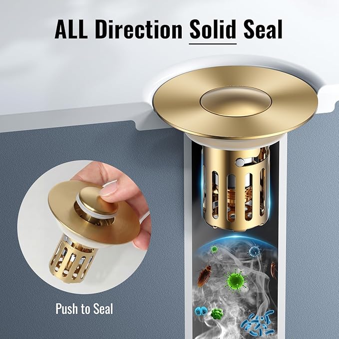 (2 Pc) Bathroom Sink Stopper-All Metal Sink Stopper-Universal Fit 99% Bathroom Stopper with Removable Stainless Steel Hair Catcher- Basin (1.1'' to 2.36'' inch) - Golden