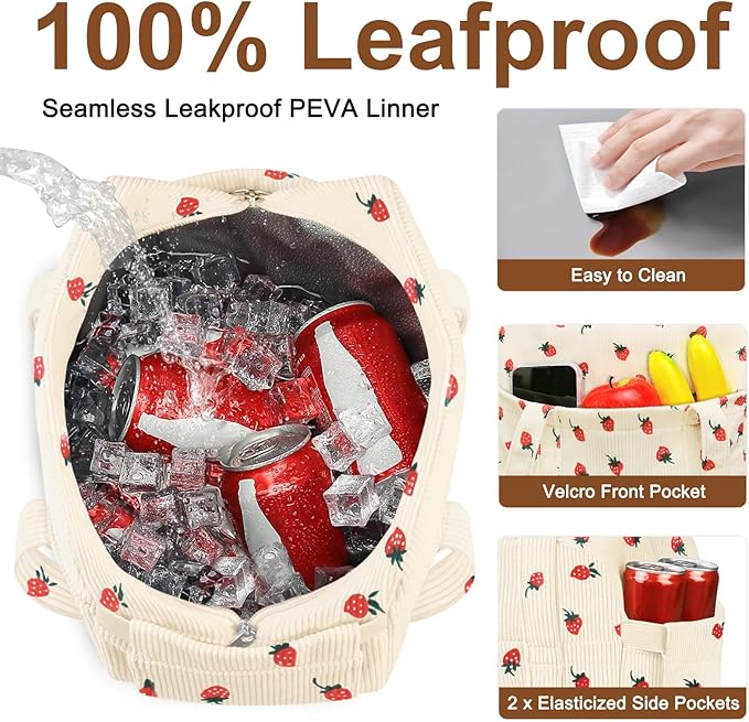 KUBYA Corduroy Lunch Box Lunch Bag for Women Adults Men, Cute Strawberry Insulated Work Reusable Leakproof Simple Large Lunch Boxes Tote Bag Adults Cooler Bag, with Shoulder Strap