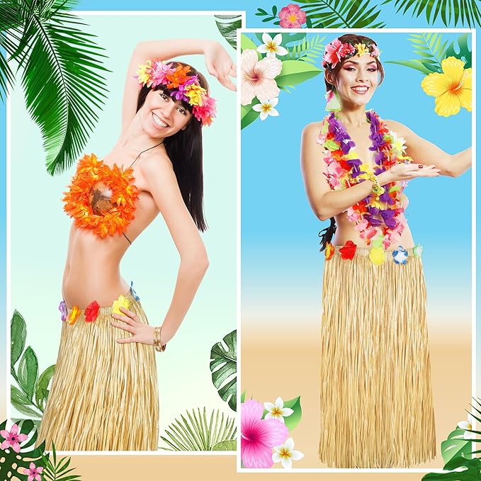 Luau Party Table Skirt Decorations, 4PCS Gold Hawaiian Themed Grass Table Skirt, 108 X 29.5" Flower Tropical Hula Dance Parties Supplies, Table Skirt for Hawaiian Summer Beach Themed Party Decor