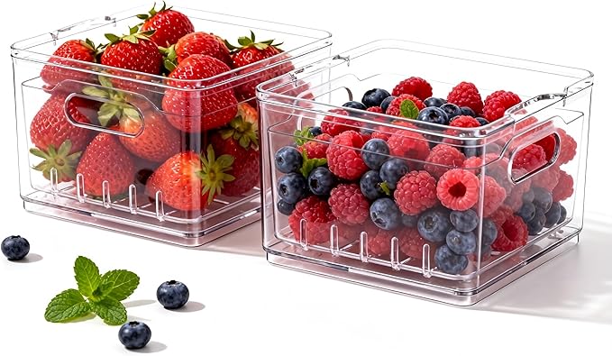 Transparent PET Fruit Draining and Washing colander food storage boxes plastic cookie containers refrigerator organizers (2, Square)