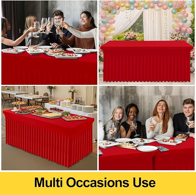 Smiry Spandex Tablecloth 2 Pack, Elastic Fitted Stretch Tablecloth for 8FT Rectangle Tables, Waterproof Washable Table Cover Skirt for Outdoor, Wedding, Banquet & Parties (Red, 96Lx30Wx30H Inch)