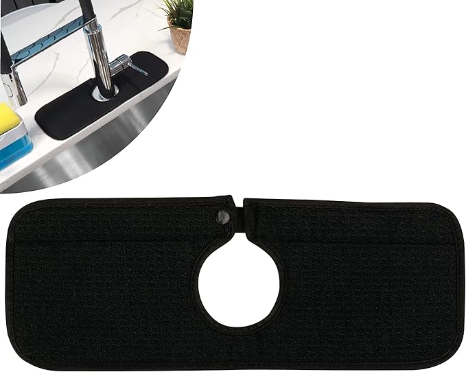 S&T INC. Microfiber Kitchen Faucet Sink Mat Drip and Splash Catcher with Snap Fastener, Absorbent and Reversible, 15 Inch x 5.5 Inch, Black