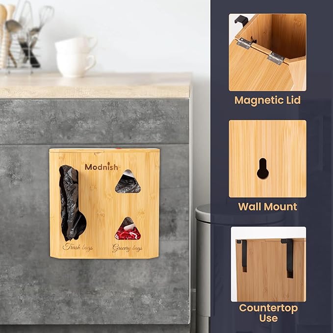 Bamboo Trash Bag Holder 2-in-1 | Trash Bag Dispenser Grocery Bag Organizer | 100% Natural Bamboo Wall Mount Countertop Holder | Trash Bag Organizer Space-Saving Eco-Friendly Storage Solution