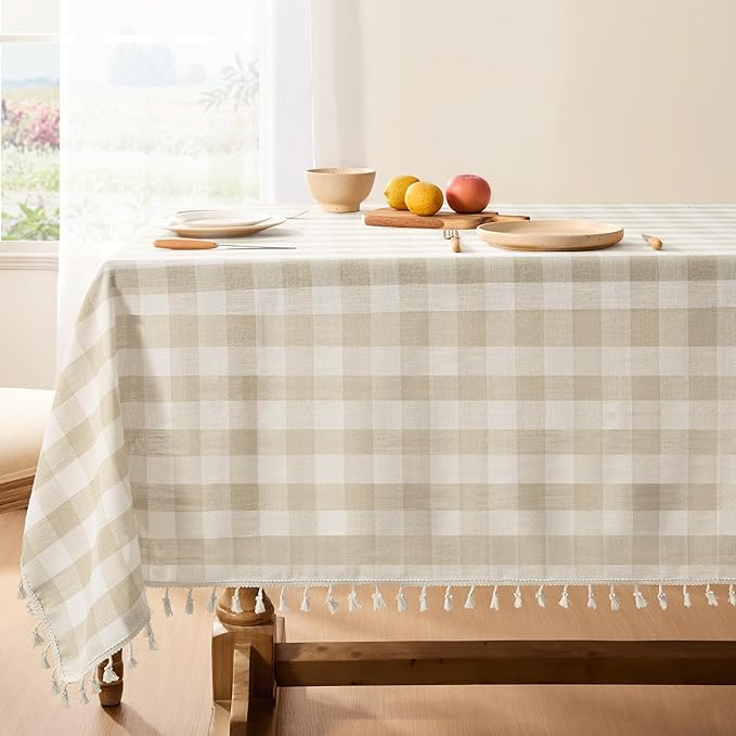 Softalker Checkered Tablecloth Square, Outdoor Linen Cotton Gingham Table Cloth with Tassel, Heavy Duty Wrinkle Free Buffalo Plaid Table Cover for Kitchen Dining Summer Party - 55 x 55 Inch, Beige