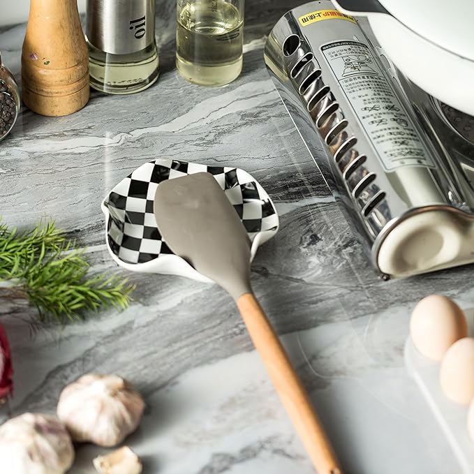 Spoon Rest for Stove Top, 5.3in Checkered Spoon Holder Utensil Rest, Ceramic Spoon Rests for Coffee Bar, Kitchen Gadget Cooking Gift for Housewarming - Heat Resistant & Dishwasher Safe