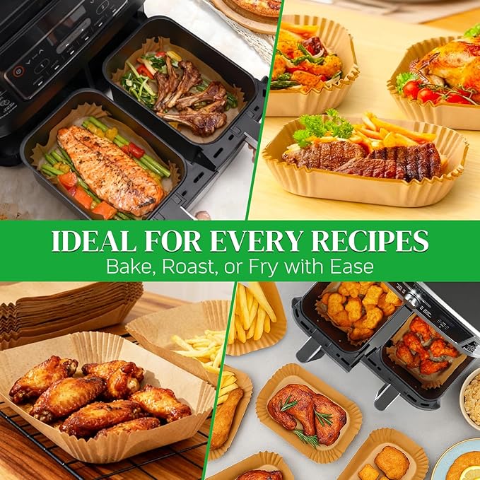 BYKITCHEN 300PCS Air Fryer Liners for Ninja Dual Airfryer, Rectangle Disposable Air Fryer Parchment Paper Compatible with Ninja DZ201/ DZ401/ DZ550, Bella Slim Airfryer &More, Air Fryer Accessories