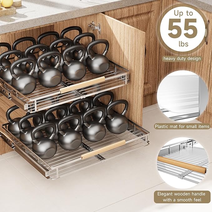 2 Pack Expandable Pull Out Cabinet Organizer，Side Mounting 16.3~26.3"x17.3"Cabinet Pull Out Shelves, Expandable Slide Out Spice Rack for Kitchen Bathroom Office