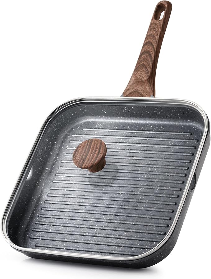 SENSARTE Nonstick Grill Pan with Lid, Grill Pan for Stove Tops, Versatile Griddle Pan with Pour Spouts, Square Grill Pan for Big Cooking Surface, Grill Skillet for Indoor Outdoor Grilling. PFOA Free