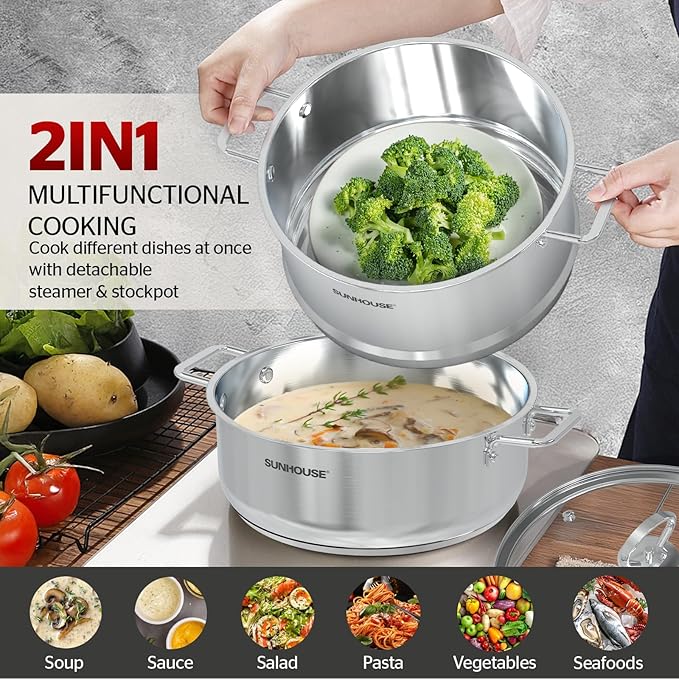 SUNHOUSE 2-Tier Stainless Steel Steamer Pot for Cooking - Large 5.5 QT Steamer Basket & 3.8 QT Stockpot - Tri-Ply Base Vegetable Steamer with Stay-Cool Silicone Handles and Lid - Induction Compatible