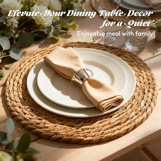 13 in Round Woven Placemats Plate Chargers Set of 12, Boho Farmhouse Rustic Woven Place Mats for Kitchen Dining Party Table Decor, Rattan Wicker Table Mats Jute Braided Chargers for Dinner Plates