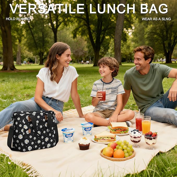 Capolo Insulated Lunch Box for School - Large Thermal Lunch Bag Women with Removable Shoulder Strap, Reusable Lunch Cooler Tote Bags Purse for Adults Work, Picnic, Hiking, Beach, Travel, LargeDaisy