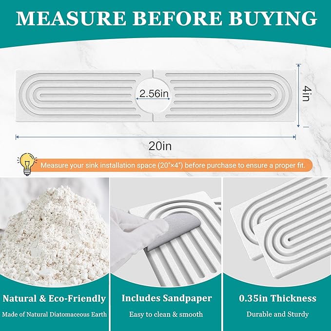 Stone Faucet Mat for Kitchen Sink - Quick Dry Diatomite Sink Splash Guard, Prevents Moisture Buildup & Water Stains, Water Absorbing Stone Tray for Bathroom Countertop (White, 20" x 4")