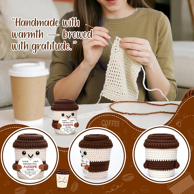OCCdesign Mini Birthday Inspirational Gifts for Women Men Cheer Up Support Handmade Crochet Coffee Gift for Coworkers Friend Teachers Nurses Stress Relief Mental Health Self Care Office Gift
