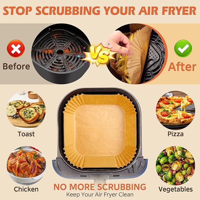 Air Fryer Liners Disposable, 125Pcs Parchment Paper, 8 Inch Non-stick Air Fryer Paper Liners, Unbleached Square Airfryer Liners for 5-8QT Air Fryer, Baking, Roasting Microwave