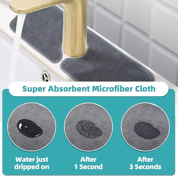 PoYang 2 Pack Faucet Mat for Kitchen Sink Splash Guard Short: Super Absorbent Microfiber Sink Water Splash Guard Behind Kitchen Faucet Mat for Bathroom, RV Protector, Machine Washable 17.7'' x 4.7''
