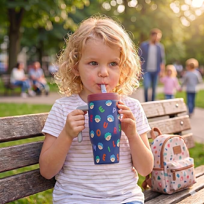 Fijinhom 25 oz Insulated Tumbler with Handle, Stainless Steel Insulated Water Bottle Coffee Mug with Straw, Coffee Cups, Cute Water Bottle for Sports, Travel, Lunch, Alphabet Bubs