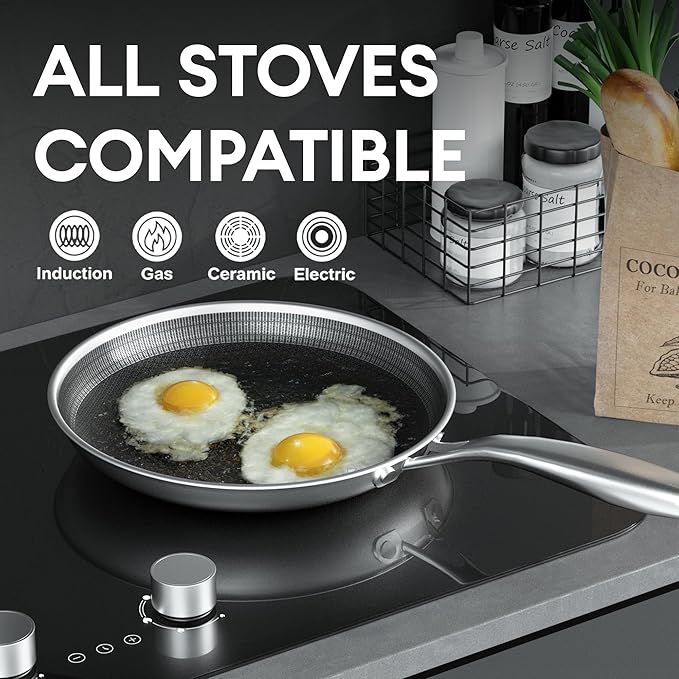 COOKER KING 8-Inch Stainless Steel Pan, Hybrid Nonstick Frying Pan, Skillet, 3-Ply Clad Cookware, Even Heat Distribution, Dishwasher & Oven Safe, with Stay-Cool Handle, Induction Compatible