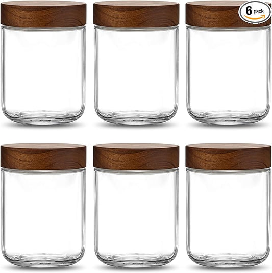 Danmu 16 oz Overnight Oats Containers with Lids,Salad Jar,Glass Jar with Wooden Lid 6 Pack,Mason Jars 16 oz with Lids for Snack,Overnight Oats,Meal Prep,Yogurt,Parfait,Soup,Salad 100% Leak-proof