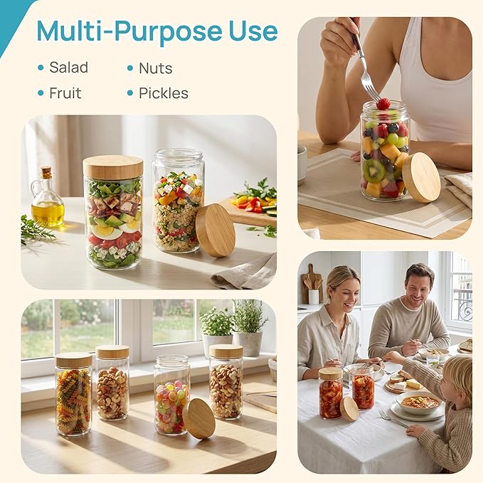 Vtopmart 4 Pack 24oz Glass Overnight Oats Containers with Bamboo Lids, Portable Wide Mouth Glass Jars Leak-proof, Reusable Glass Food Storage Containers for Yogurt Chia Pudding Salad Pickling Snacks