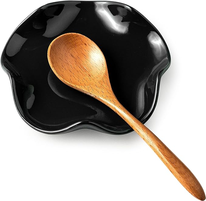 Spoon Rest for Kitchen Counter, 5.3" Ceramic Spoon Holder for Stove Top, Heat Resistant & Dishwasher Safe Cute Spoon Rests Spatula Holder for Multiple Utensils, Farmhouse Kitchen Decor Black