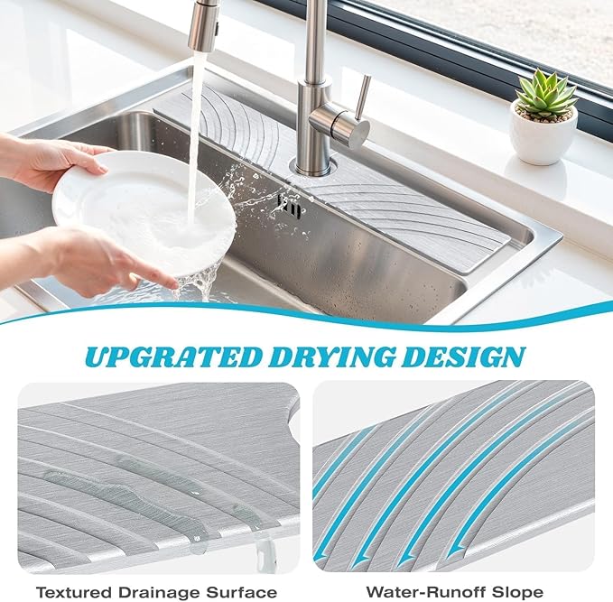 Stone Faucet Mat for Kitchen Sink - Fast Drying Diatomite Stone Drying Mat, Textured Drainage Sink Protector, Water Splash Guard with Base Pads for Bathroom Counter (23.7x4 in, Light Gray)