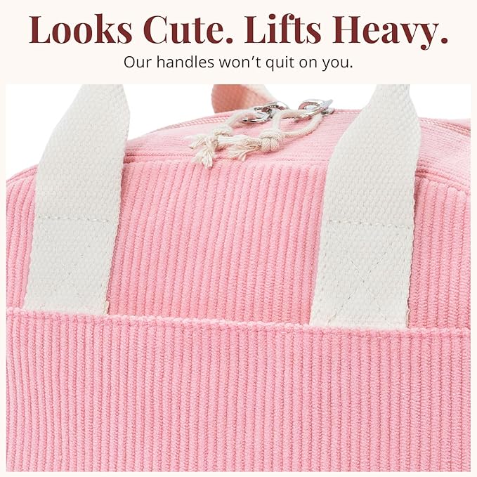 LOVELYWIND Insulated Sugar Pink Lunch Bag for Women, Stylish Corduroy Tote with Aluminum Lining, Large Capacity Reusable Cooler for Work, Travel, or Beach, Beige Cream Water-Resistant Lunch Box