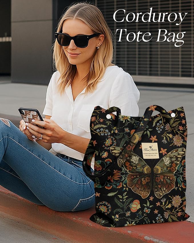 Miss Adola Corduroy Tote Bag for Women - Reusable Totes with Magnetic Buckle & Pocket Aesthetic Design Work Grocery Bags