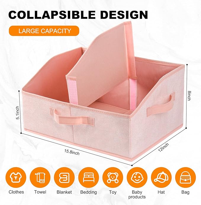 Fabric Wardrobe Storage Bins -6 Pack， Large Pink Foldable With Handles And Dividers Trapezoidal Wardrobe Storage Boxes, Suitable For Storing Clothes, Books, Wallets, Toys, Etc.