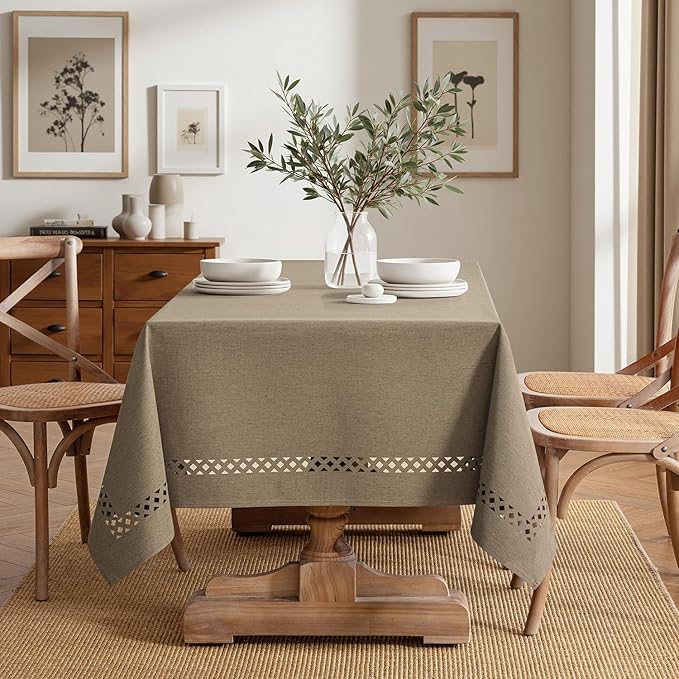 MIULEE Khaki Rectangle Linen Polyester Tablecloth with Decorative Cutouts Waterproof Stain Resistant & Shrink-Proof Table Cloth 52x70 inch Farmhouse Style for Dining Wedding Party and Outdoor Picnics