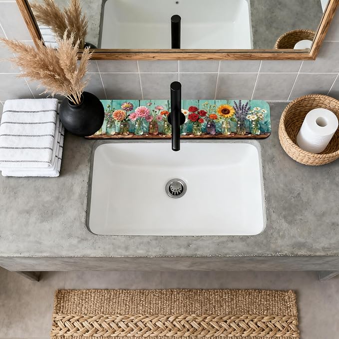 2 Pcs Kitchen Sink Splash Guard Faucet Mats Colored Glass Vases with Plants Pattern Faucet Mat for Sinks Roses Absorbing Drying Mat for Kitchen Bathroom, 23.6x5.5inch