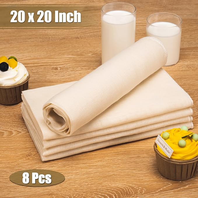 Amrules Cheese Cloths for Straining, 8PCS 20x20 Inch Grade 100 Cheese Cloth, Reusable Washable Unbleached Pure Cotton Cheesecloth for Cooking and Cheese Making with Hemmed Edge