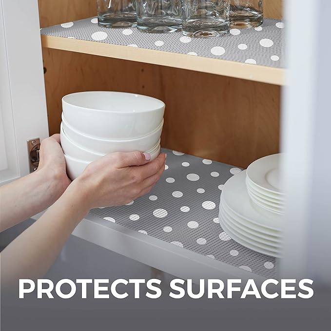 HOME GENIE Shelf Drawer and Cabinet Liner, Durable with Strong Grip, 17.5 in x 20 FT, Non Adhesive Liners Protect Kitchen Cabinets and Cupboard, Bathroom Drawers and Shelves, Desks, Dots Gray White
