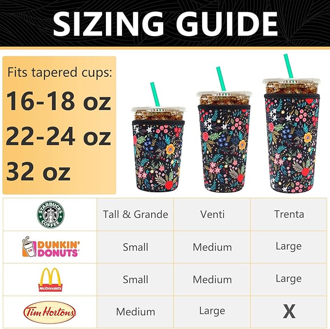 YR Reusable Neoprene Insulator Sleeve for Iced Coffee Cups, 3 Pack Coffee Coolies sleeves for Iced & Hot Drinks, Cold Beverage Cooler Compatible with Starbucks Coffee and More (Little Flower)