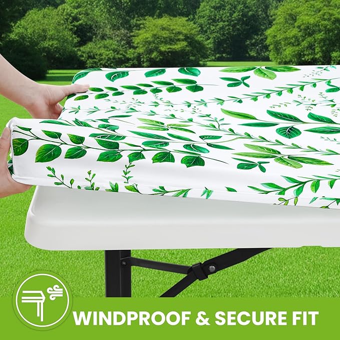 Smiry Spandex Fitted Tablecloth for 8 Foot Rectangle Tables, Washable Picnic Table Cover with Elastic, Stretch Reusable Table Cloth for Outdoor, Camping, Dining & Kitchen (Leaf, 30"x96")