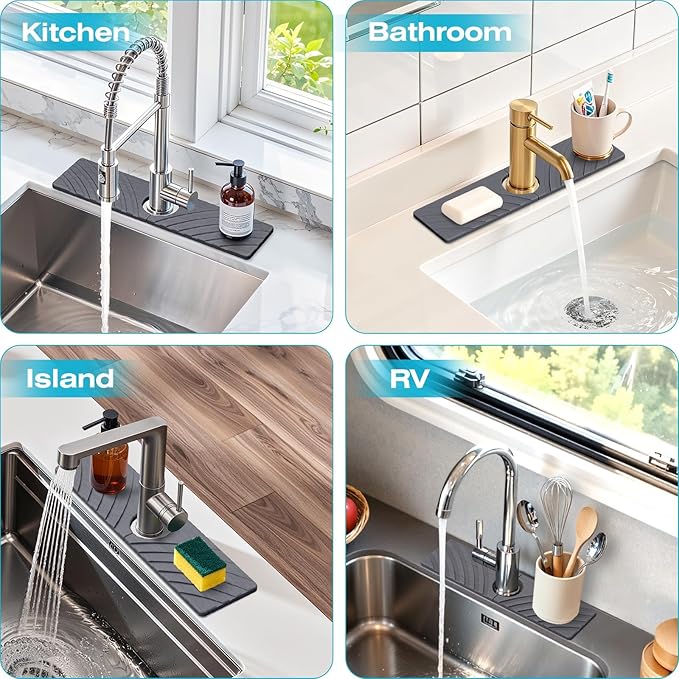 Stone Faucet Mat for Kitchen Sink - Fast Drying Diatomite Stone Drying Mat, Textured Drainage Sink Protector, Water Splash Guard with Base Pads for Bathroom Counter (15.7x4 in, Dark Gray)
