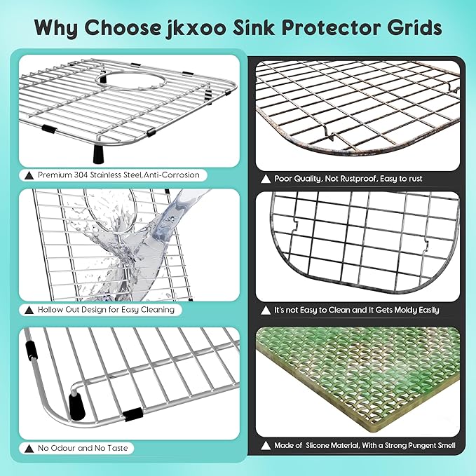 Sink Protectors for Kitchen Sink 13.1''x11.6''x1'', 304 Stainless Steel for Kitchen Sink Grate with Rear Drain, Sink Grate Sink Rack for Bottom of Sink with Sink Strainer