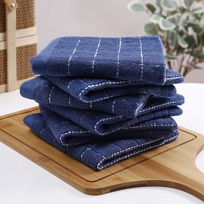 Homaxy 100% Cotton Terry Kitchen Dish Cloths, Ultra Soft and Absorbent Dish Towels for Kitchen, Suitable for Drying and Washing Dishes, 4 Pack, 12 x 12 Inches, Navy Blue