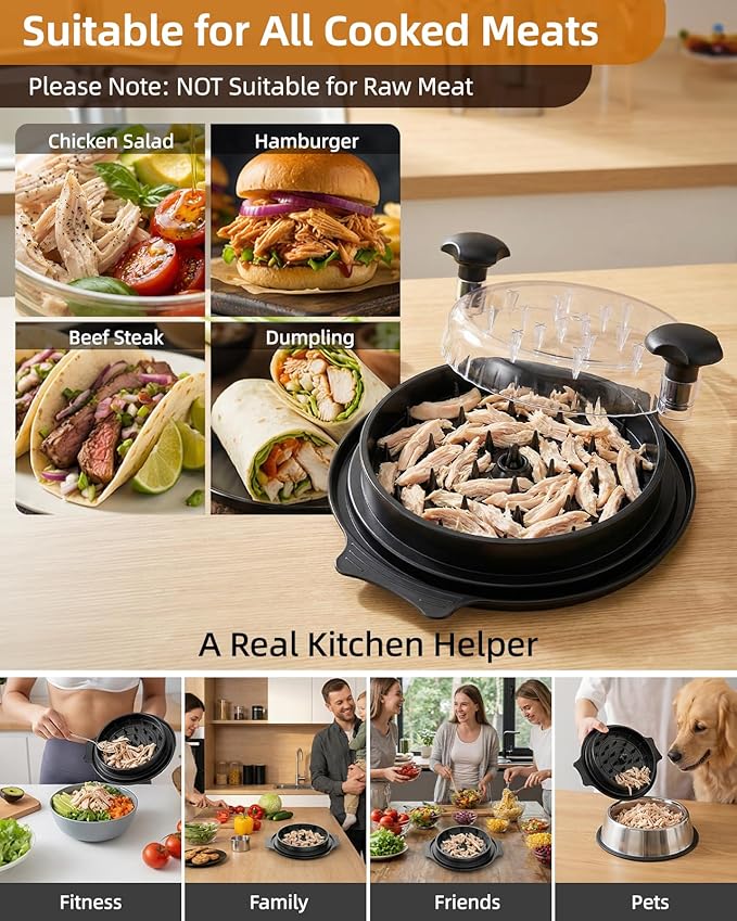 10" Chicken Shredder with Tray, Large Meat Shredder Tool Twist with Brush,BPA Free Meat Grinder, Visible Chicken Shredder Machine, Strong Anti-Slip Strip, Suitable for Pork, Beef, Chicken (Black)