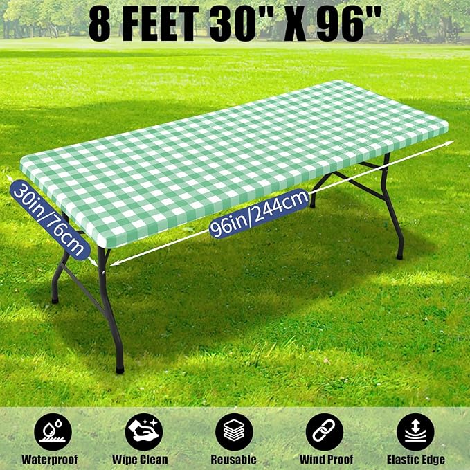 Smiry Picnic Table Cloth 2 Pack, Waterproof Elastic Fitted Tablecloths for 8FT Rectangle Tables, Washable Polyester Buffalo Plaid Tablecloth for Camping & Outdoor (Sage Green & White, 30" x 96")