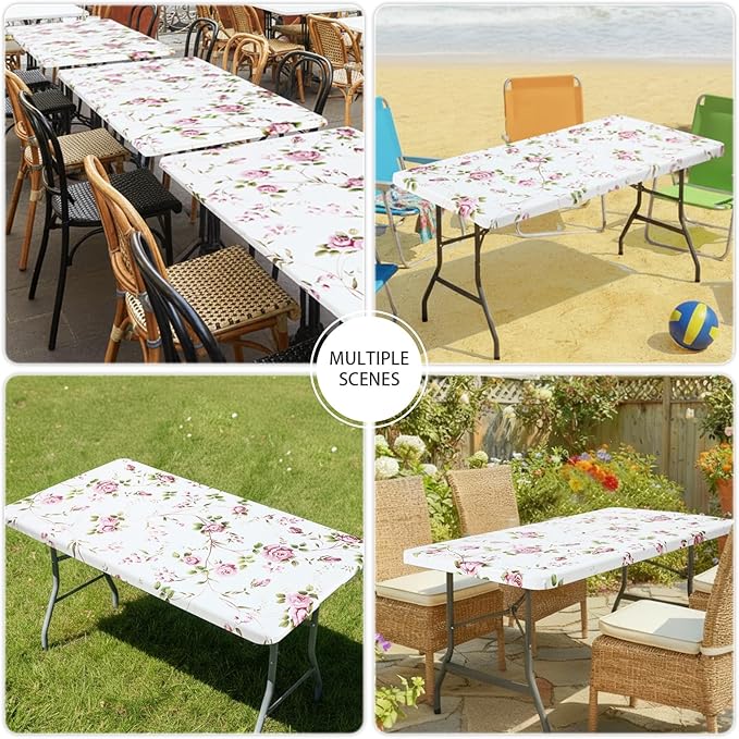 Smiry Spandex Fitted Tablecloth for 5 Foot Rectangle Tables, Washable Picnic Table Cover with Elastic, Stretch Reusable Table Cloth for Outdoor, Camping, Dining & Kitchen (Flowers, 30"x60")