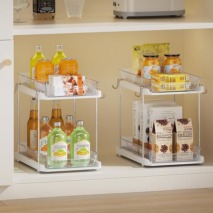 Delamu Under the Sink Organizer, 2-Tier Pull-Out Cabinet Drawers with Adjustable Shelf & Hooks, Under Sink Cabinet Organizer for Bathroom, Kitchen, Vanity & Every Household(White, 2 Pack)