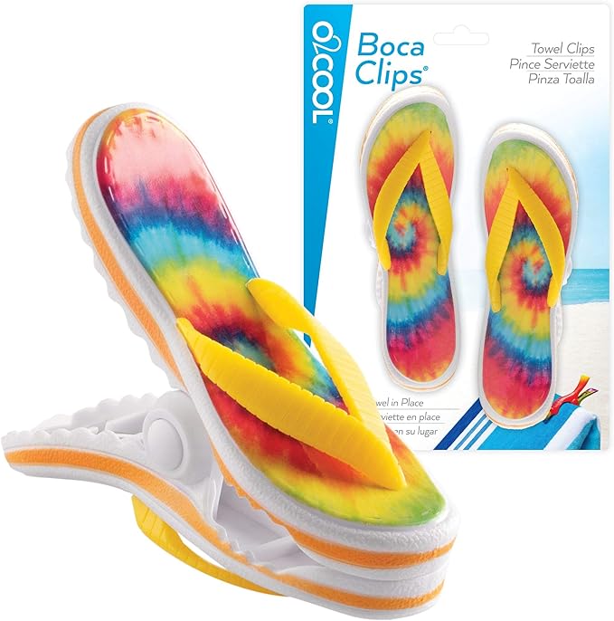 O2COOL Bocaclips - Beach Towel Clips for Beach Chairs, Patio and Pool Accessories - (Tie Dye Flip Flop) 2 Count