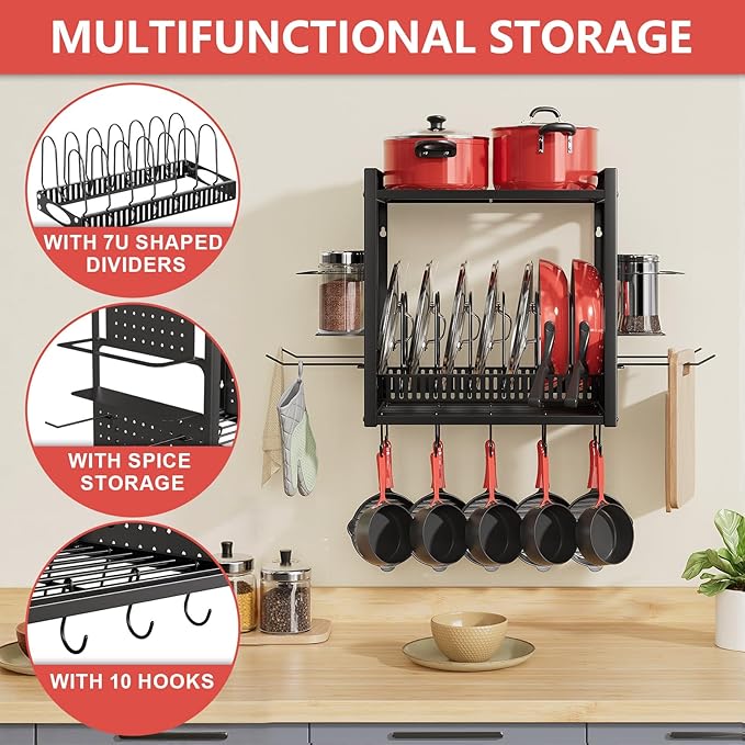 16 Inch Pot Rack Wall Mounted, 2-Tier Pots and Pans Organizer with 10 Hooks & Pan Organizer and Spice Rack, Heavy Duty Hanging Pot Hanger for Kitchen Cookware, Utensils, Black