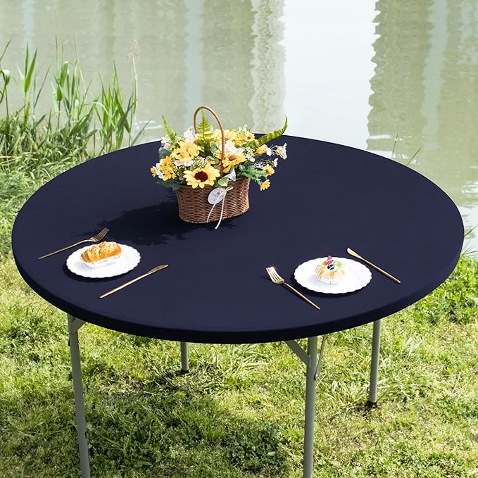 Round Fitted Table Cover Elastic Tablecloth 5ft Stretch Spandex Table Top Cover for Dining Indoor Outdoor Party Navy 60 Inch
